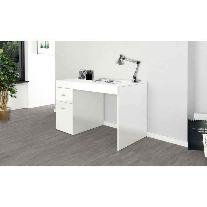 Esse escritorio moderno para oficina y estudio con estante, Made in Italy, mesa  de ordenador, escritorio para PC, 140x60h78 cm, color blanco brillante