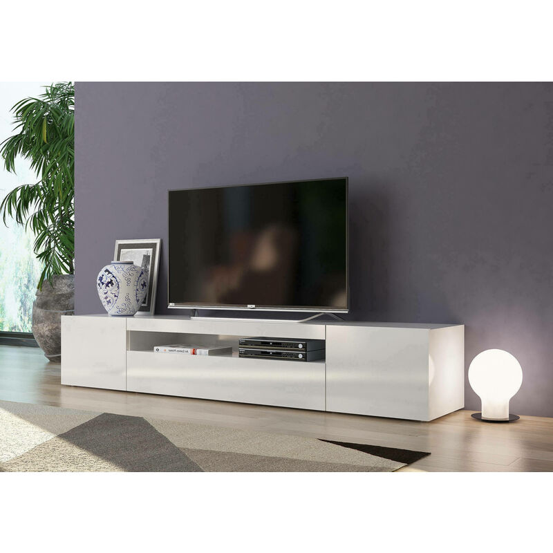 Mueble TV elegante, 200 cm, lacado blanco, iluminación LED