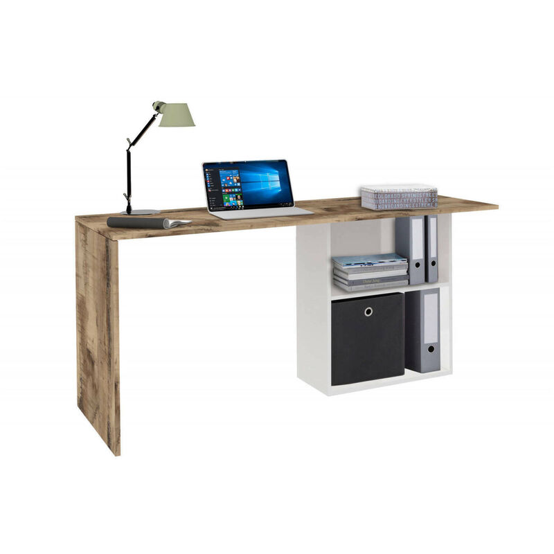 Escritorio de esquina para oficina y estudio con estante, Made in Italy,  Mesa de ordenador, Escritorio para PC, 160x60h78 cm, color blanco brillante