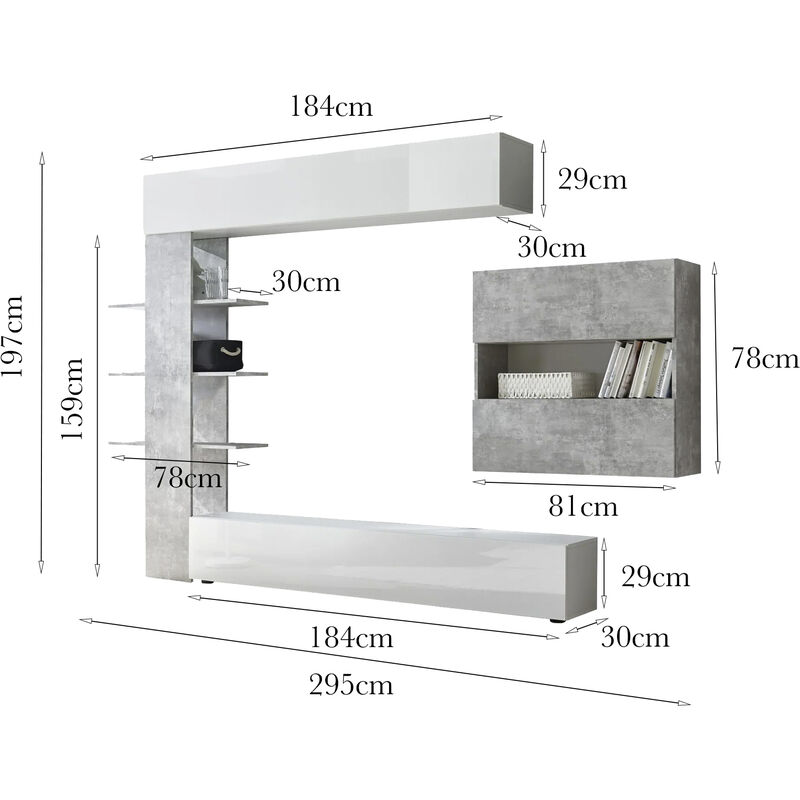 Sistema de pared de salón reversible, Made in Italy, Mueble TV, Conjunto de  salón moderno, 295x30h197 cm, Color Blanco Brillo y Mate