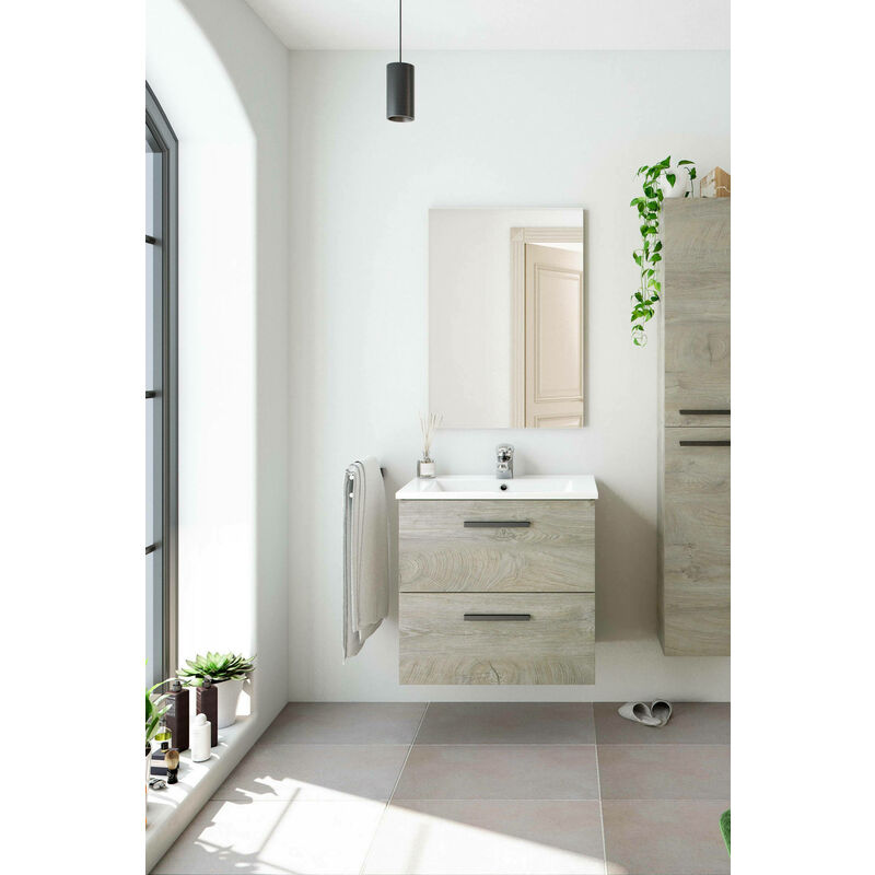 Armario bajo fregadero Douna, Mueble de baño de 2 cajones, Mueble colgante  con espejo, lavabo no incluido, 80x45h80 cm, Roble