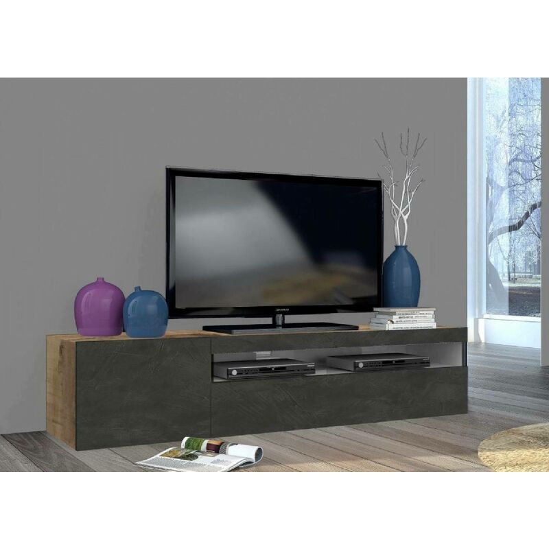 Mueble de TV suspendido en metal negro y cristal Made in Italy