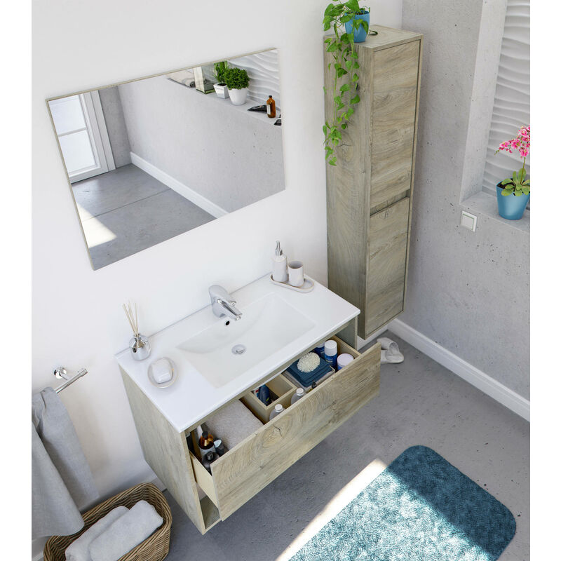 Dmora Mueble bajo lavabo de dos puertas con espejo y lámpara, Made in  Italy, 75 x