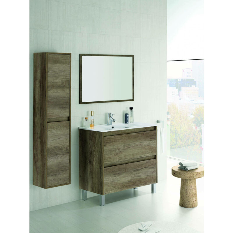 Armario bajo fregadero Douna, Mueble de baño de 2 cajones, Mueble colgante  con espejo, lavabo no incluido, 80x45h80 cm, Roble