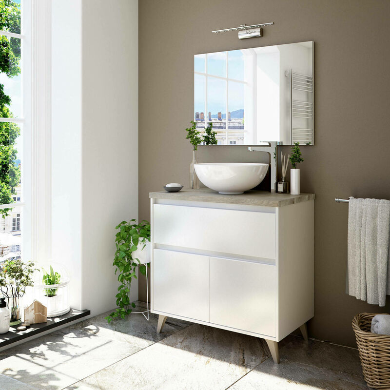 Mueble bajo lavabo Dacor, mueble de baño de 2 puertas, Gabinete de piso con  espejo, 80x45h80 cm, Blanco