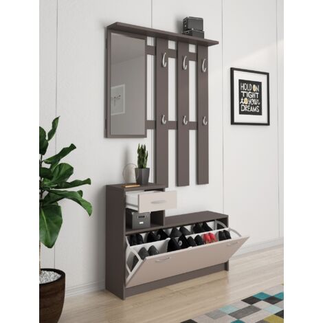 Dmora - Muebles de entrada Dbiagin, Recibidor moderno con espejo, Mueble con zapatero, Mueble multifunción, 100x25h180 cm, Blanco y Antracita
