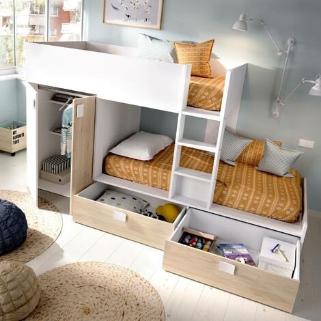 Cama infantil Cervino, Cama individual para dormitorio, Juego con  escritorio y estantes, 195x134h73 cm, Blanco y Roble