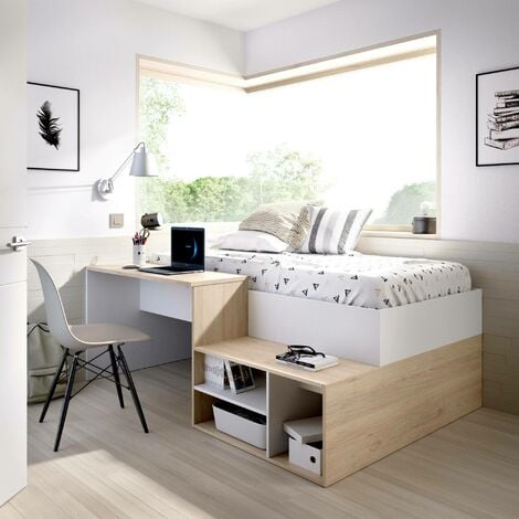 Dmora - Cama infantil Dbagnat, Cama individual para dormitorio, Juego con  escritorio y estantes, 195x134h73 cm, Blanco