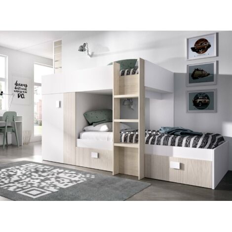 Dmora - Cama infantil Cevedale, Dormitorio completo con armario y cajoneras, Composición litera con dos camas individuales, 271x111h150 cm, Blanco y Roble