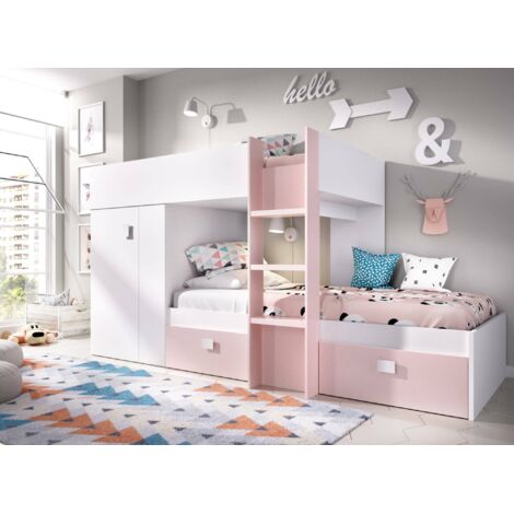 Dmora - Cama infantil Cevedale, Dormitorio completo con armario y cajoneras, Composición litera con dos camas individuales, 271x111h150 cm, Blanco y Rosa