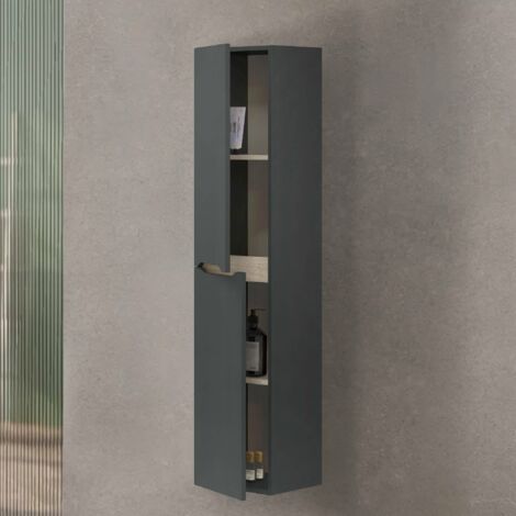 Dmora - Columna de baño Williamsburg, Mueble de baño suspendido con 2 puertas, Armario alto, 31x26h135 cm, Antracita y Roble, con embalaje reforzado