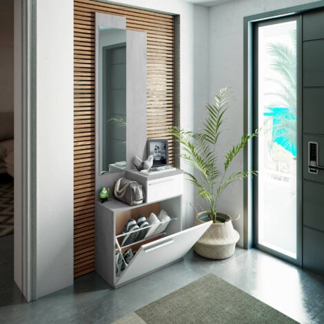 Dmora - Mueble recibidor Waltham, Zapatero multifunción con espejo, Armario con 1 puerta y 1 cajón, 61x28h185 cm, Cemento y blanco brillo, con embalaje reforzado