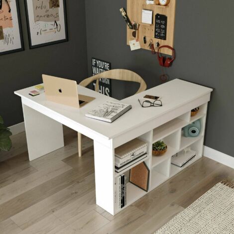 Dmora - Escritorio Dfavasul, Escritorio multiusos, Mesa de oficina para PC, El plan de trabajo, 129x120h72 cm, Blanco