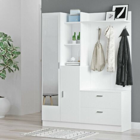 Dmora - Muebles de entrada Dmasiell, Entrada para perchas, Composición para atrio, Consola de almacenamiento multifunción, 140x37h182 cm, Blanco