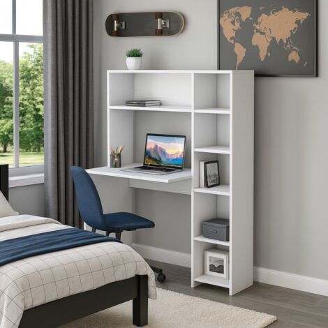 Dmora - Escritorio Dghin, Escritorio multiusos, Mesa de oficina para PC, El plan de trabajo, 113x40h142 cm, Blanco
