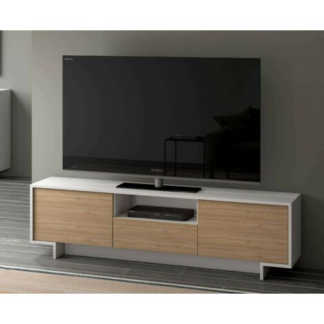 Dmora - Mueble TV Andromeda, Mueble TV para salón, Aparador bajo de salón con 2 puertas y 1 cajón, 100% Made in Italy, 170x42h48 cm, Blanco y Roble, con embalaje reforzado (1/4)