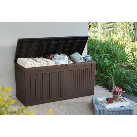 Dmora - Baúl de almacenamiento exterior Cotronei, Cofre de jardín, Banco con almacenaje, Arcón para exteriores, 117x45 h57 cm, Marrón (1/4)
