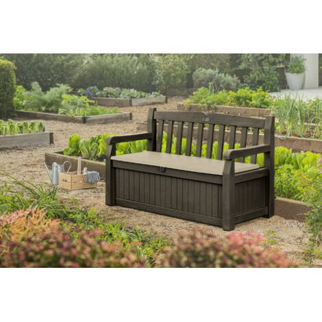 Dmora - Baúl de almacenamiento exterior Cuglieri, Cofre de jardín, Banco con almacenaje, Arcón para exteriores, 140x60 h84 cm, Marrón y Beige