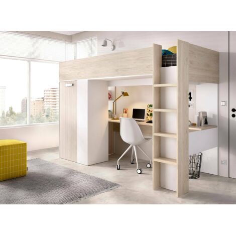 Dmora - Composición del dormitorio Maha, Dormitorio completo, Dormitorio infantil, Conjunto de muebles de puente, 206x111 h178 cm, Blanco y Roble