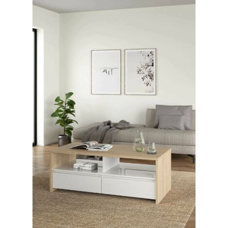 mesa de centro\ da salotto Octavia, Tavolo basso da caffè, Portariviste per divano, Ripiano da soggiorno, 120x60 h46 cm, Rovere e Bianco lucido