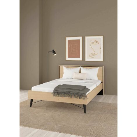 Dmora - Cama plaza y media Elida, Sommier para dormitorio, Estructura de cama, Estructura del sostenedor del colchón, 206x153 h91 cm, Roble claro (1/5)