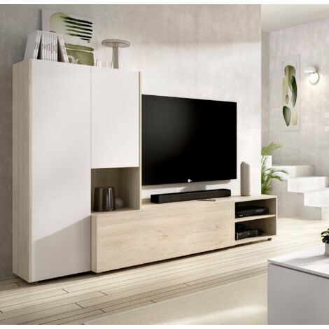 Dmora - Pared Equipada Abrino, Composición de la sala de estar, Muebles de salón multiusos, Gabinete de TV, 227x40 h141 cm, Blanco y Roble