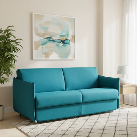 Dmora - Sofá cama 3 plazas Cecina, Sofá convertible para salón, acolchado, desenfundable, calidad 100% Made in Italy, 200x95 h90 cm, Azul claro (1/5)