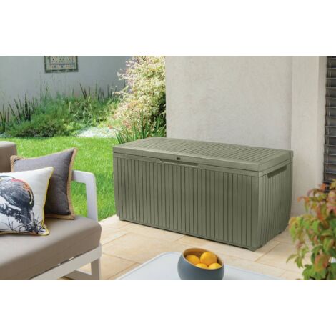 Dmora - Baúl de almacenamiento exterior Tammaro, Cofre de jardín, Banco con almacenaje, Arcón para exteriores, 123x54 h57 cm, Verde