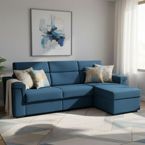 Dmora - Sofá cama con península Esca, Sofá esquinero transformable para salón, acolchado, desenfundable, calidad 100% Made in Italy, 285x160 h100 cm, Azul (1/5)