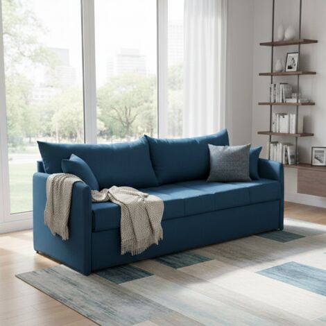 Dmora - Sofá cama 3 plazas Avellana, Sofá convertible para salón, acolchado, desenfundable, calidad 100% Made in Italy, 205x86 h80 cm, Azul (1/5)