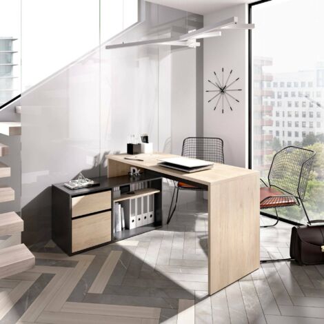 Dmora - Escritorio Ddiaw, Escritorio multiposición para oficina o dormitorio, Mesa de estudio esquina multiusos, 139x92h75 cm, Roble y Antracita