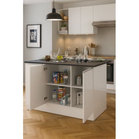 Dmora - Isla de cocina Patrizio, mesa auxiliar de almacenaje, mueble de cocina de 3 puertas, 100% Made in Italy, 155x90h90 cm, Blanco brillo y pizarra, con embalaje reforzado