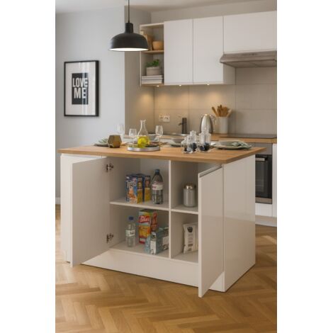 Dmora - Isla de cocina Patrizio, Mesa auxiliar de almacenaje, mueble de cocina de 3 puertas, 100% Made in Italy, 155x90h90 cm, Blanco brillo y roble