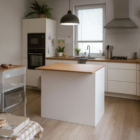 Dmora - Isla de cocina Emmanuel, Mesa auxiliar de almacenaje, Mueble de cocina con 2 puertas, 100% Made in Italy, 125x90h90 cm, Blanco brillo y roble