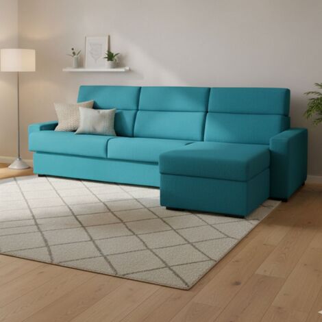 Dmora - Sofá cama con península Pusiano, Sofá esquinero convertible para salón, acolchado, desenfundable, 100% Made in Italy, 280x160 h100 cm, Azul claro (1/5)