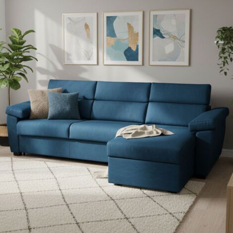 Dmora - Sofá cama con península Priverno, Sofá esquinero transformable para salón, acolchado, desenfundable, calidad 100% Made in Italy, 285x160 h100 cm, Azul (1/5)