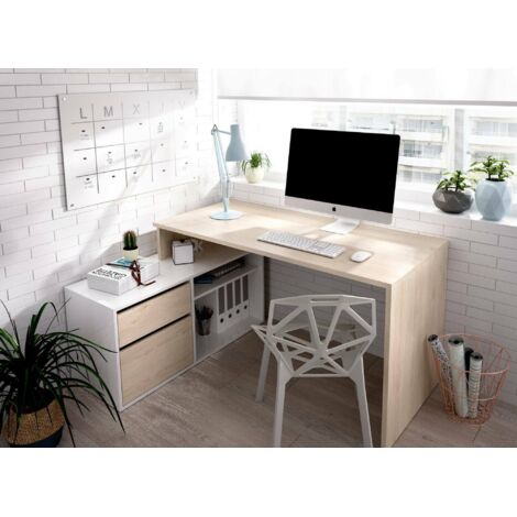 Dmora - Escritorio Ddiaw, Escritorio multiposiciones para oficina o dormitorio, Mesa de estudio esquina multiusos, 139x92h75 cm, Blanco y Roble
