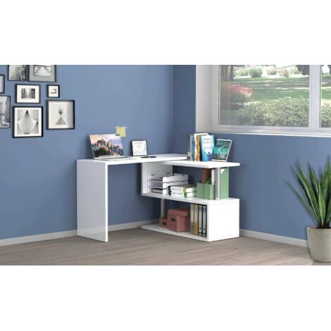 Dmora - Escritorio Dascagn, Escritorio esquinero porta PC, Mesa de oficina multiusos, Escritorio multiposición ahorra espacio, 100% Made in Italy, cm 120x50h75, Blanco brillo (1/5)