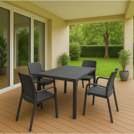 Dmora - Conjunto de salón de exterior Sover, Conjunto de exterior e interior, Mesa rectangular fija con 4 sillas, Fabricado en Italia, Color Antracita