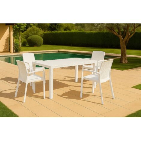 Dmora - Conjunto de salón para exterior Roccaraso, conjunto para exterior e interior, mesa rectangular fija con 4 sillas, fabricado en Italia, color blanco