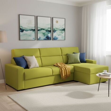 Dmora - Sofá cama con península Celleno, Sofá esquinero transformable para salón, acolchado, desenfundable, calidad 100% Made in Italy, 280x160 h100 cm, Verde (1/5)