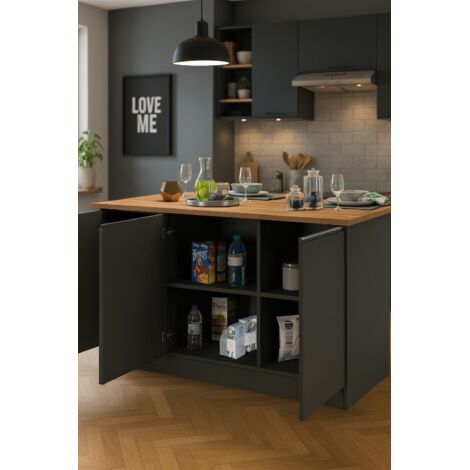 Dmora - Isla de cocina Patrizio, mesa auxiliar de almacenaje, mueble de cocina de 3 puertas, 100% Made in Italy, 155x90h90 cm, Antracita y Roble, con embalaje reforzado