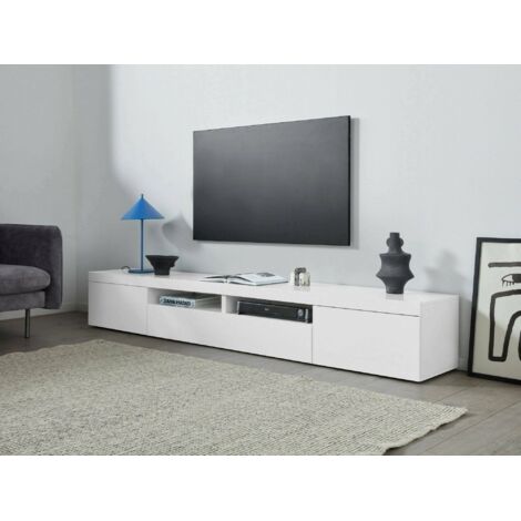 Dmora - Mueble TV Ulisse, Aparador bajo de salón con 3 puertas, base mueble TV, 240x40h35 cm, Blanco brillo, con embalaje reforzado