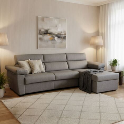 Dmora - Sofá cama con península Priverno, Sofá esquinero convertible para salón, acolchado, desenfundable, 100% Made in Italy, 285x160 h100 cm, Gris (1/5)