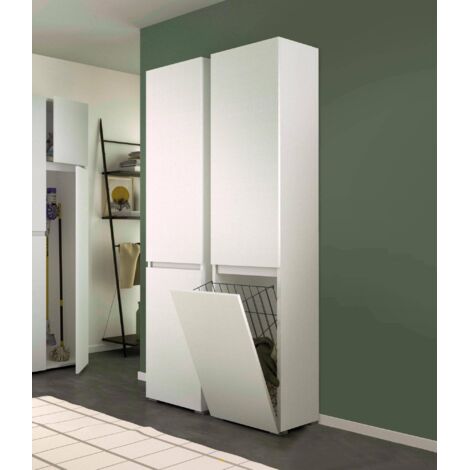Dmora - Armario multiusos de 2 puertas Agapanto, mueble para lavandería de 2 puertas, Columna de baño con cesto para la ropa, 100% Made in Italy, 45x37h195 cm, Blanco