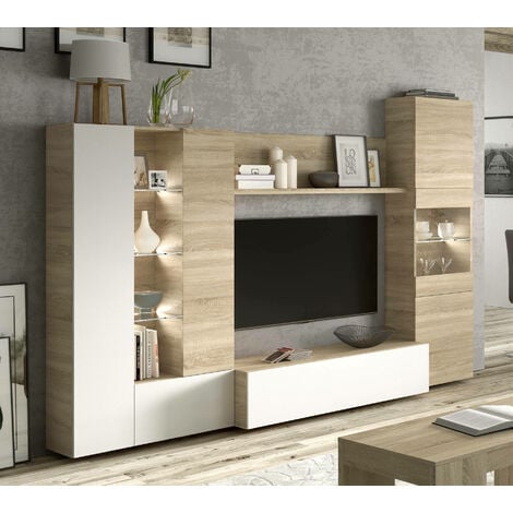 Sistema de pared de salón reversible, Made in Italy, Mueble TV, Conjunto de  salón moderno, 295x30h197 cm, Color Blanco Brillo y Mate