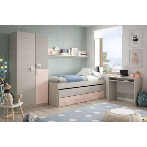 Cama Individual Con Cama Extraíble Inferior - Estructura Blanca Y Verde Agua 199x65x95 Cm