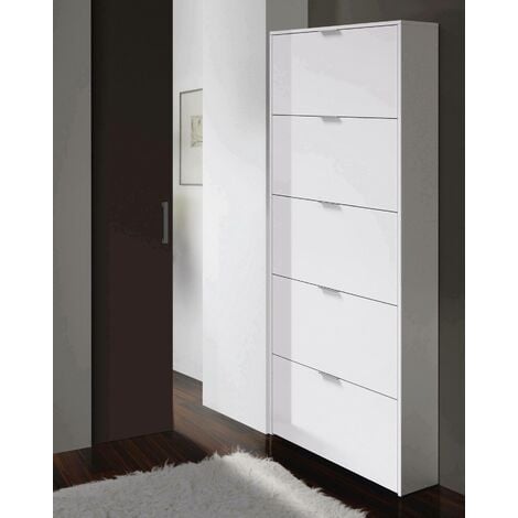 Dmora Zapatero de cinco puertas con apertura abatible, color blanco brillo,  Medidas 70 x 180 x