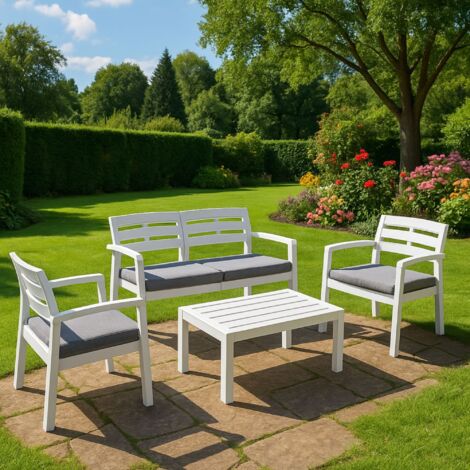Dmora Salón de Jardín Massa, Conjunto de jardín con 2 sillones, 1 sofá y 1 mesa de centro, Zona de estar interior y exterior con cojines, 100% Made in Italy, Blanco, con embalaje reforzado