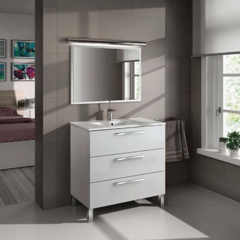 Dmora Armario bajo encimera Palmdale, Mueble de baño, Armario con 3 cajones y espejo, lavabo no incluido, cm 80x45h86, Blanco brillante, con embalaje reforzado